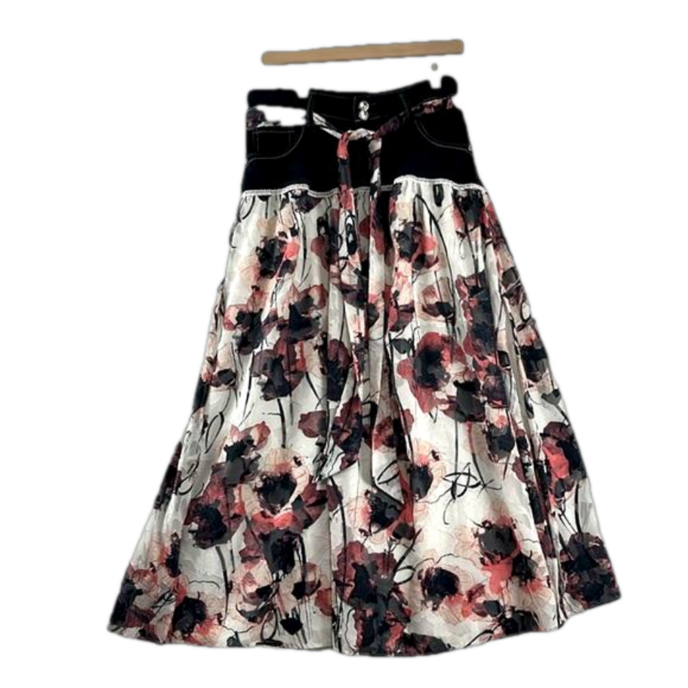 Unbranded Coastal Cowgirl Denim Waist w/ Floral Flared Maxi Skirt